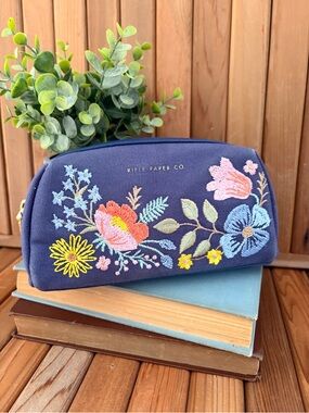 Rifle Paper Co Embroidered Floral Cosmetic Bag Navy Canvas Zip Pouch